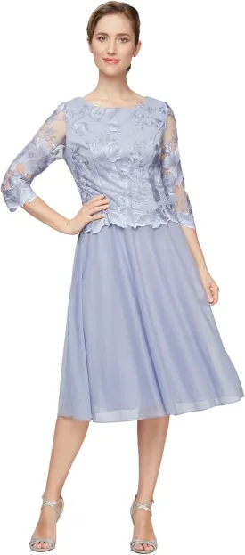 Alex Evenings Women's Tea Length Embroidered Bodice Mother of The Bride Gown, Wedding Guest Dress (Petite and Regular Sizes)