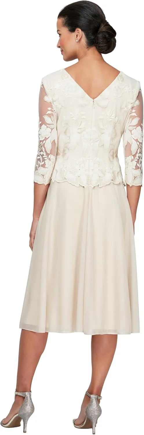 Alex Evenings Women's Tea Length Embroidered Bodice Mother of The Bride Gown, Wedding Guest Dress (Petite and Regular Sizes)