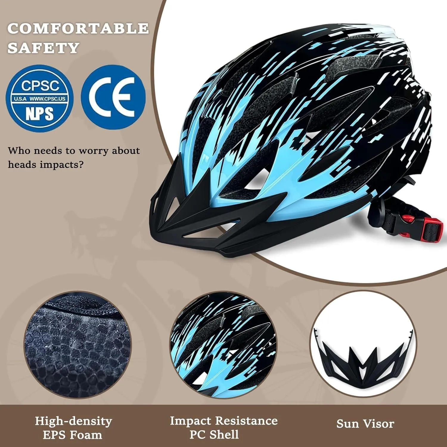 Bike Helmets for Adults, Mountain Bike Helmets for Men with Visor, Adjustable Fit Bicycle Helmet for Women, Road Recreational Cycling Helmet with Chin Strap