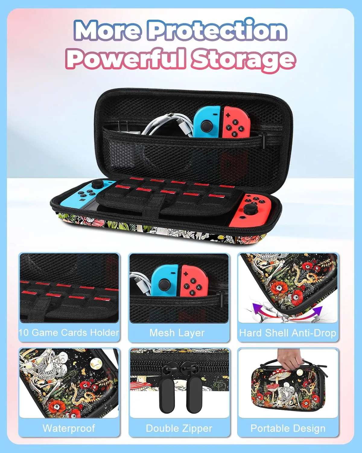 Carrying Case for Nintendo Switch/Switch OLED Travel Carry Cases Hard Shell Protective Cover Mushroom Skull Cute Girls Boys Accessories Storage Pouch Bag for Nintendo Switch 2017/Oled 2021