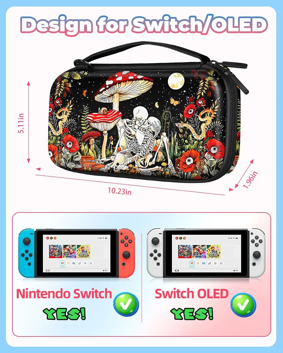 Carrying Case for Nintendo Switch/Switch OLED Travel Carry Cases Hard Shell Protective Cover Mushroom Skull Cute Girls Boys Accessories Storage Pouch Bag for Nintendo Switch 2017/Oled 2021