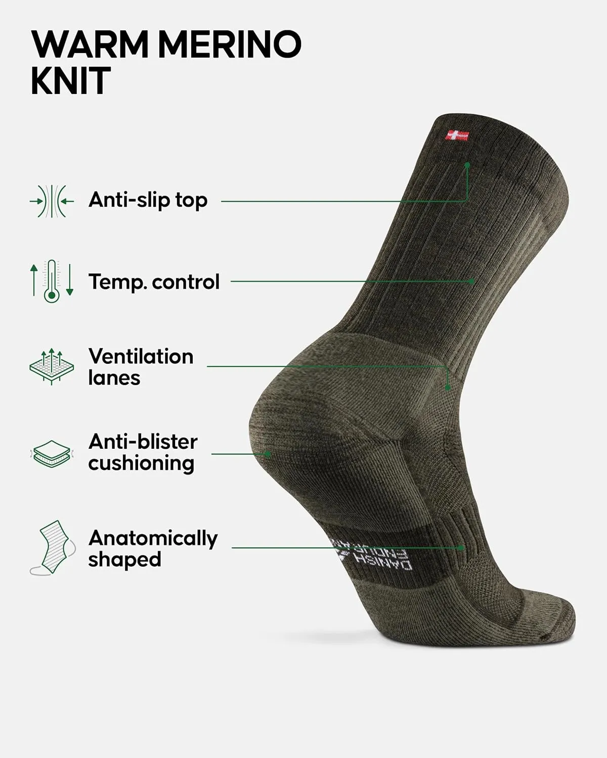 DANISH ENURANCE Premium Outdoor Hiking Socks, Merino Wool, Men & Women, 2-Pack