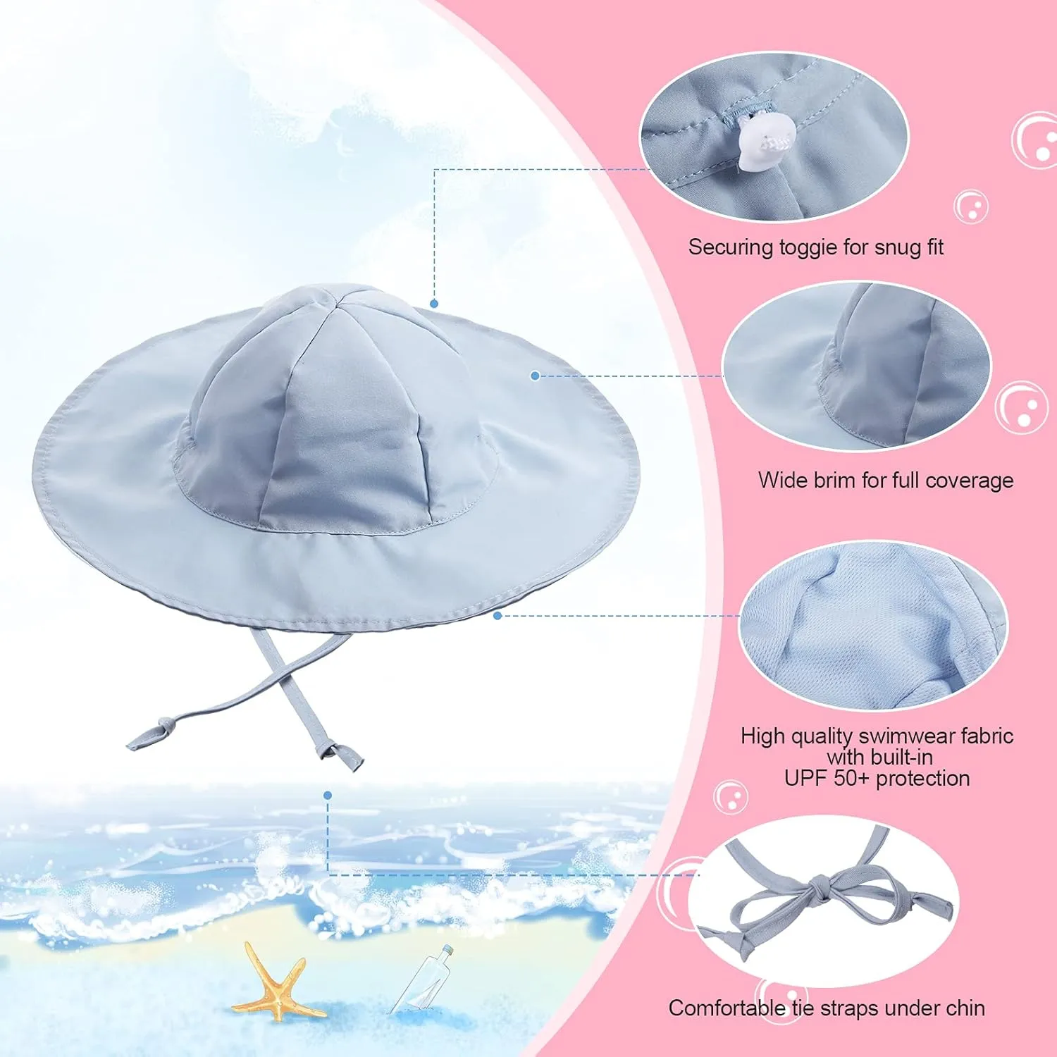 Geyoga 3 Pcs Baby Sun Hat Summer Beach Hat Outdoor Adjustable Floppy Cap with Protection Wide Brim for Boy and Girl