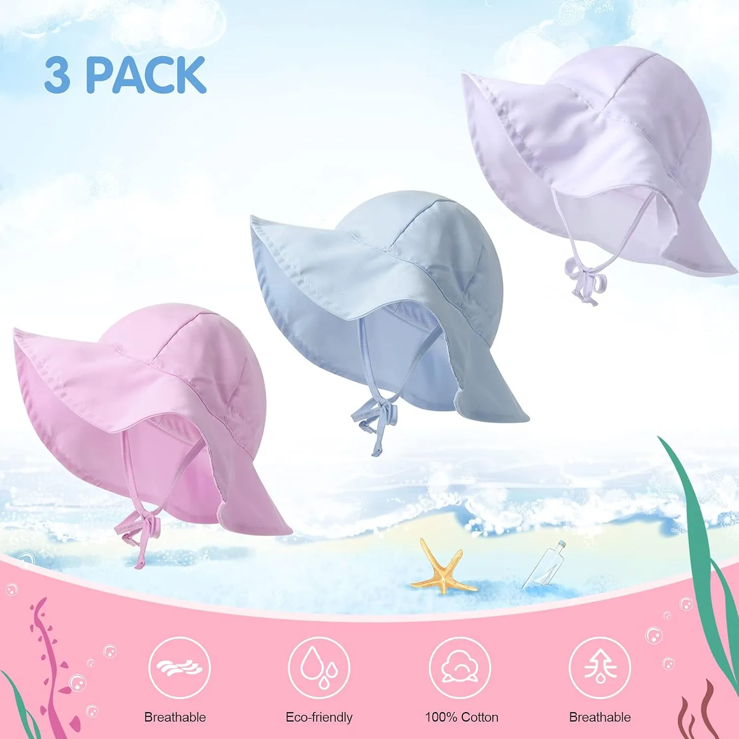 Geyoga 3 Pcs Baby Sun Hat Summer Beach Hat Outdoor Adjustable Floppy Cap with Protection Wide Brim for Boy and Girl