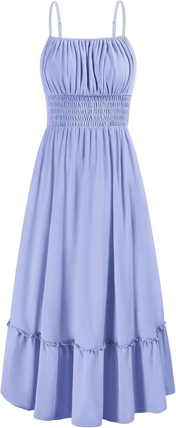 GRACE KARIN Womens 2025 Summer Dress Casual Sleeveless Spaghetti Strap Smocked Ruffle Beach Long Maxi Dress with Pockets
