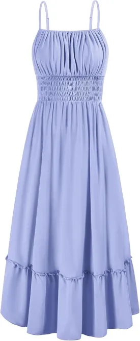 GRACE KARIN Womens 2025 Summer Dress Casual Sleeveless Spaghetti Strap Smocked Ruffle Beach Long Maxi Dress with Pockets