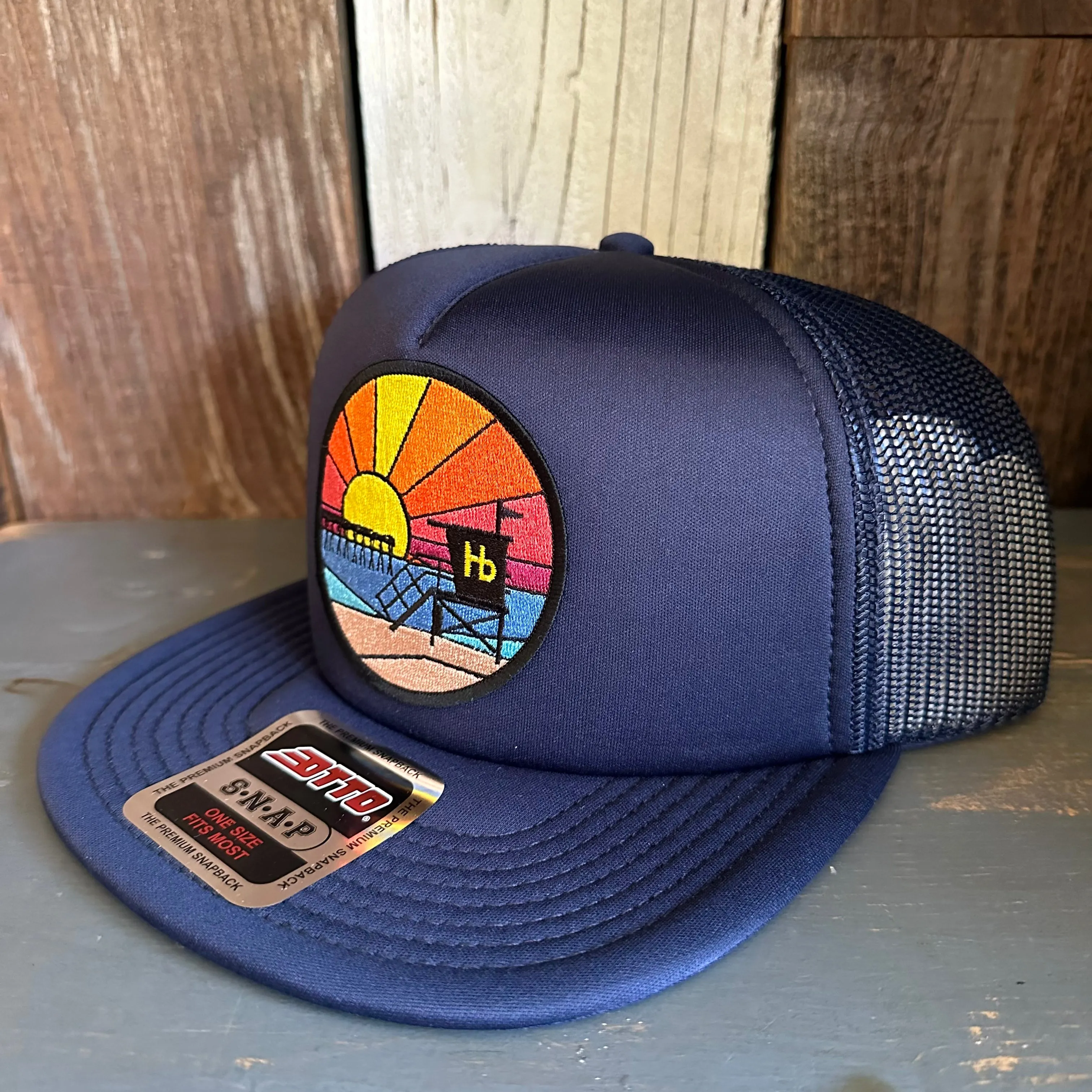 Hermosa Beach OBLIGATORY SUNSET Trucker Hat - Navy (Flat Brim)