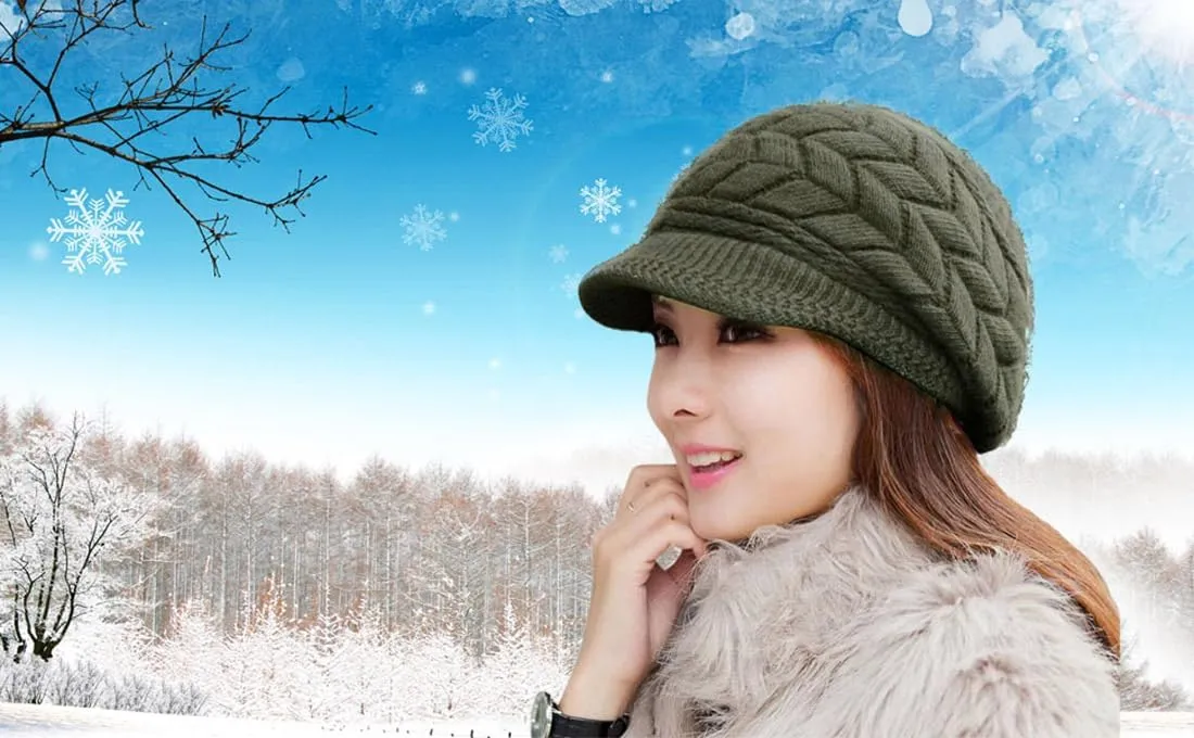 HINDAWI Women Winter Warm Knit Hat Wool Snow Ski Caps with Visor