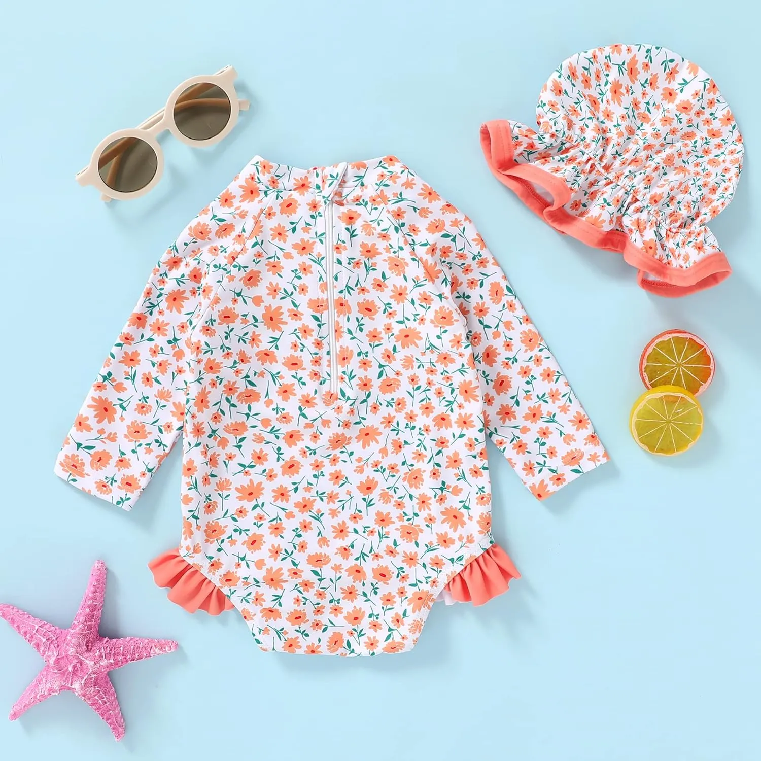 Infant Baby Girl Swimsuit One-Piece Long Sleeve Rash Guard with Hat Set Floral Zipper Bathing Suit Leopard Beach Wear