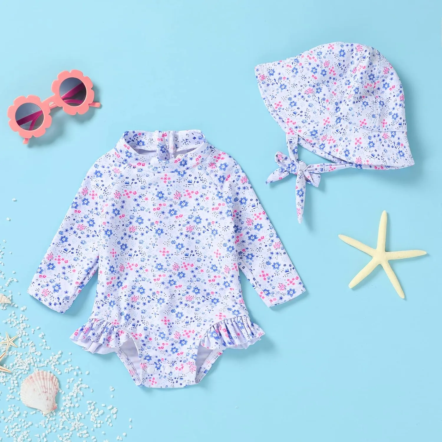 Infant Baby Girl Swimsuit One-Piece Long Sleeve Rash Guard with Hat Set Floral Zipper Bathing Suit Leopard Beach Wear