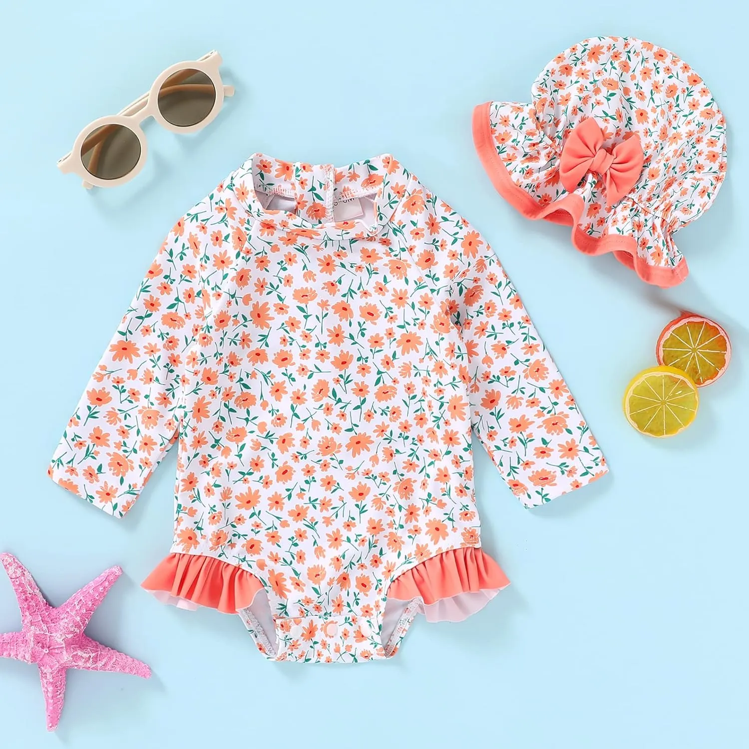 Infant Baby Girl Swimsuit One-Piece Long Sleeve Rash Guard with Hat Set Floral Zipper Bathing Suit Leopard Beach Wear