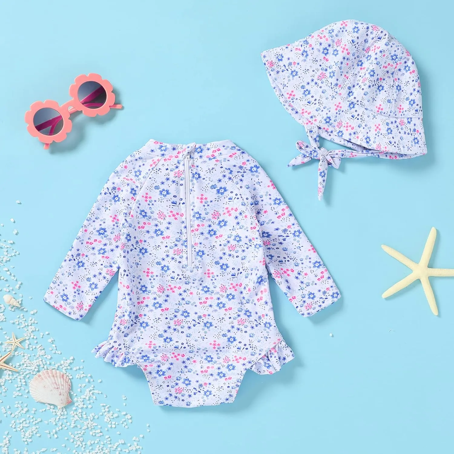 Infant Baby Girl Swimsuit One-Piece Long Sleeve Rash Guard with Hat Set Floral Zipper Bathing Suit Leopard Beach Wear