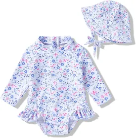 Infant Baby Girl Swimsuit One-Piece Long Sleeve Rash Guard with Hat Set Floral Zipper Bathing Suit Leopard Beach Wear