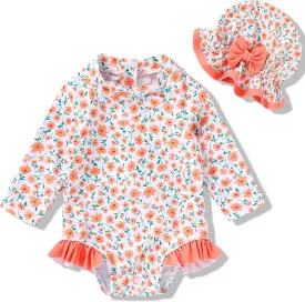 Infant Baby Girl Swimsuit One-Piece Long Sleeve Rash Guard with Hat Set Floral Zipper Bathing Suit Leopard Beach Wear