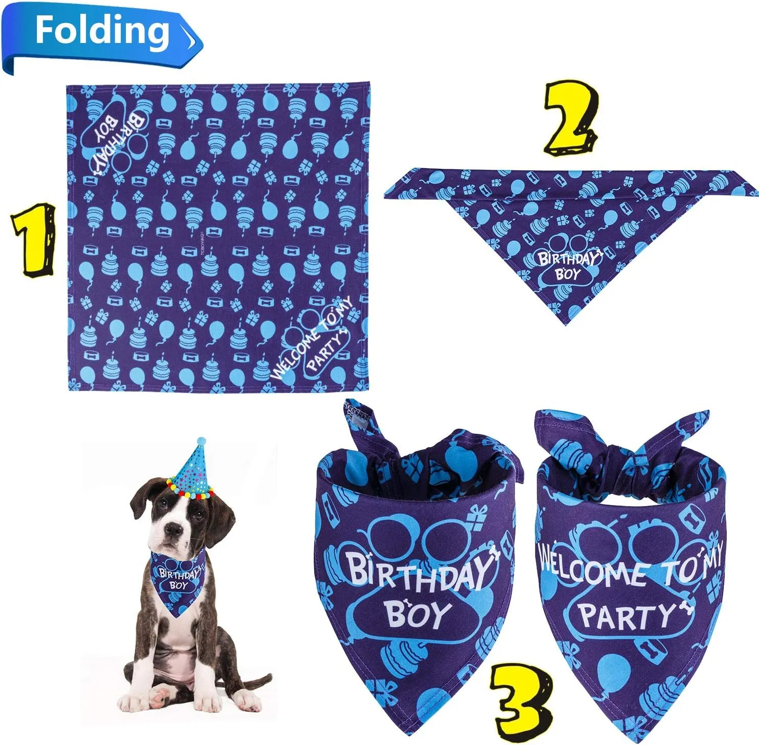 TCBOYING Dog Birthday Bandana, Dog Birthday Boy Hat Scarfs Flag Balloon with Cute Doggie Birthday Party Supplies Decorations(11-Piece Set) (Blue) (Style1, Blue)