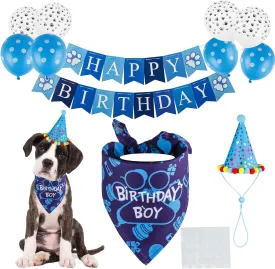 TCBOYING Dog Birthday Bandana, Dog Birthday Boy Hat Scarfs Flag Balloon with Cute Doggie Birthday Party Supplies Decorations(11-Piece Set) (Blue) (Style1, Blue)