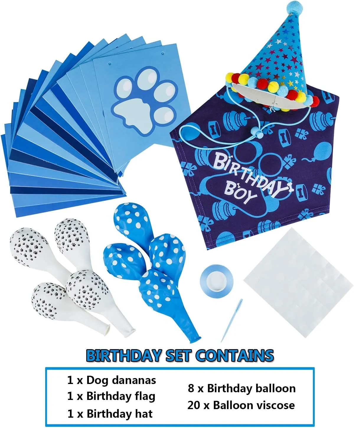 TCBOYING Dog Birthday Bandana, Dog Birthday Boy Hat Scarfs Flag Balloon with Cute Doggie Birthday Party Supplies Decorations(11-Piece Set) (Blue) (Style1, Blue)