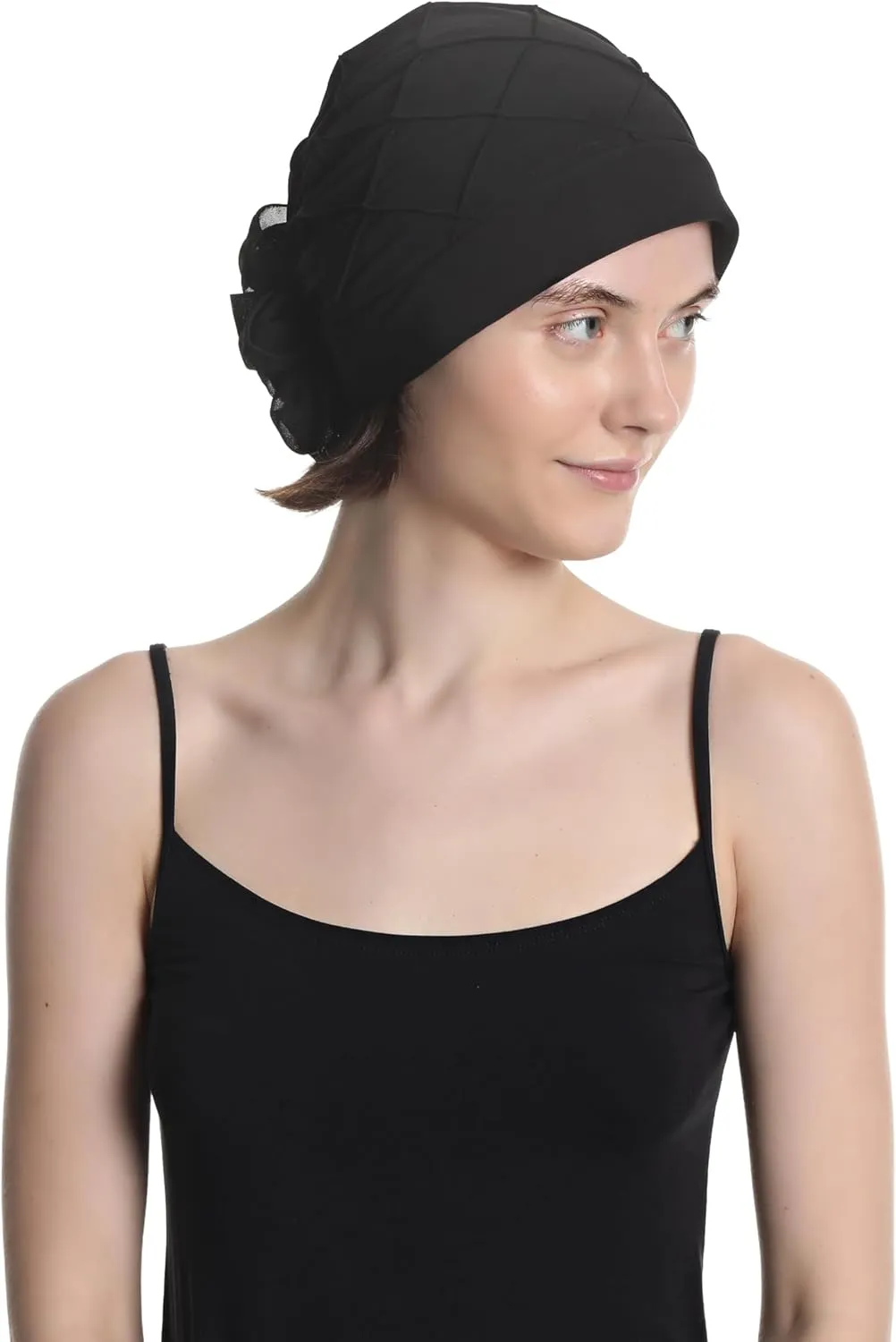 Women's Check-Pattern Practical Hat for Chemo, Hair Loss, Alopecia, with Pretty Chiffon Flower Detail