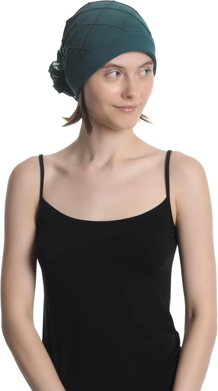 Women's Check-Pattern Practical Hat for Chemo, Hair Loss, Alopecia, with Pretty Chiffon Flower Detail