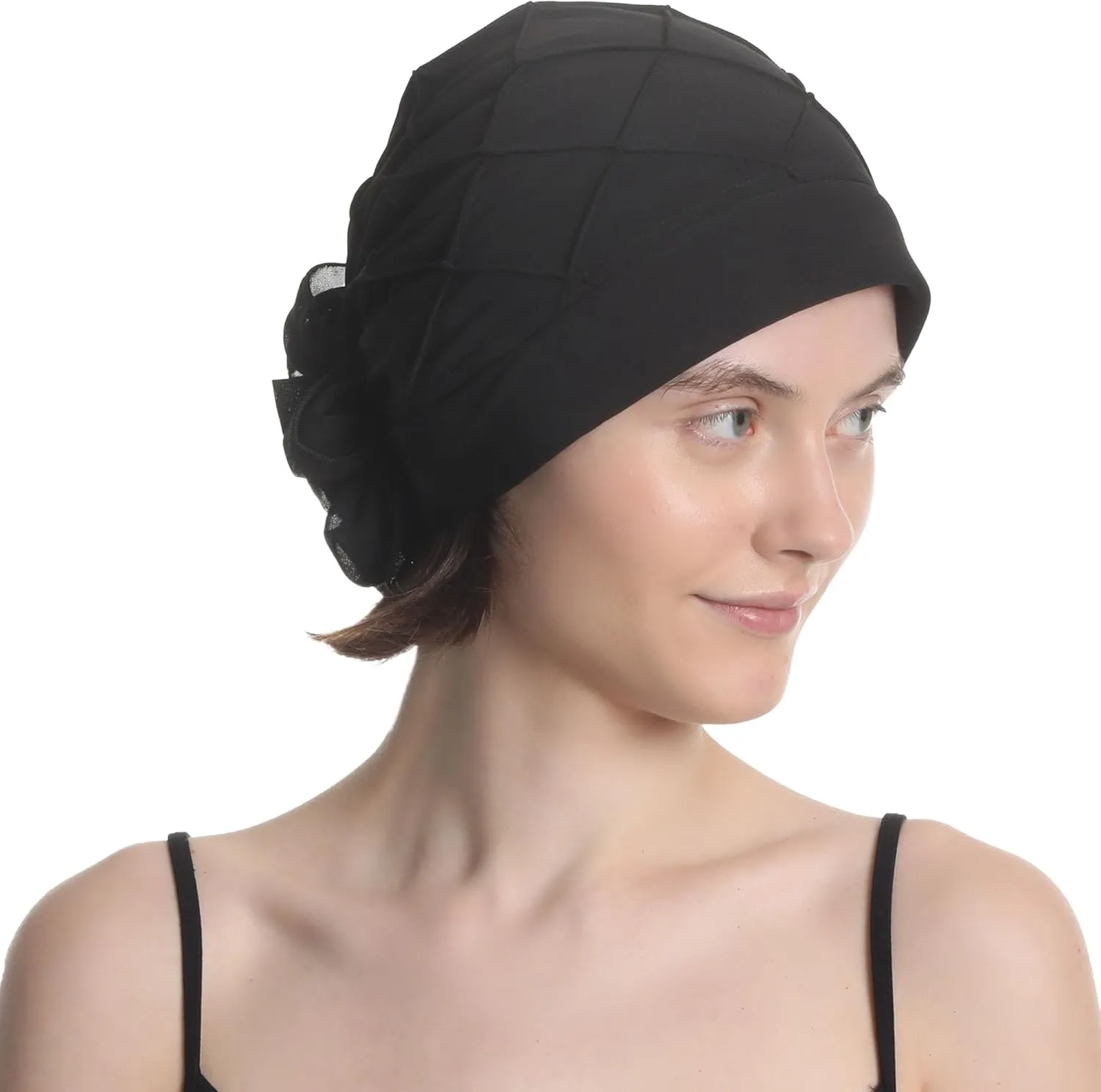 Women's Check-Pattern Practical Hat for Chemo, Hair Loss, Alopecia, with Pretty Chiffon Flower Detail