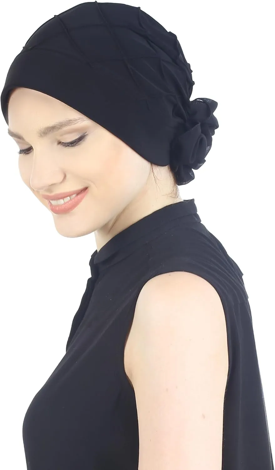 Women's Check-Pattern Practical Hat for Chemo, Hair Loss, Alopecia, with Pretty Chiffon Flower Detail