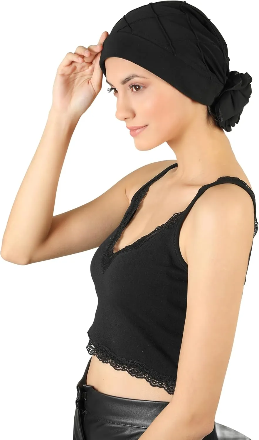 Women's Check-Pattern Practical Hat for Chemo, Hair Loss, Alopecia, with Pretty Chiffon Flower Detail