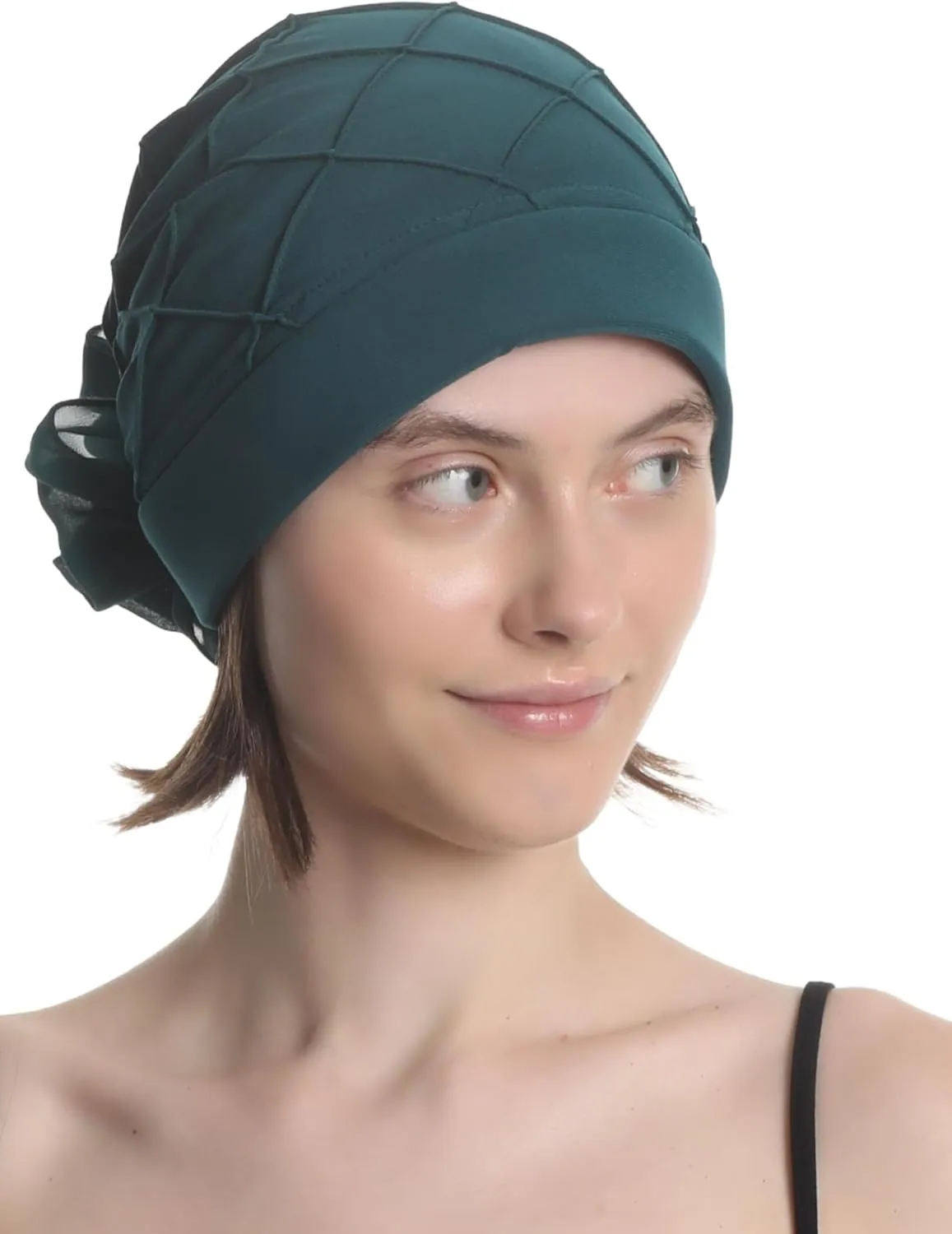 Women's Check-Pattern Practical Hat for Chemo, Hair Loss, Alopecia, with Pretty Chiffon Flower Detail