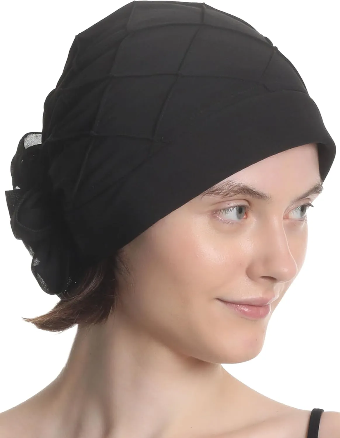 Women's Check-Pattern Practical Hat for Chemo, Hair Loss, Alopecia, with Pretty Chiffon Flower Detail