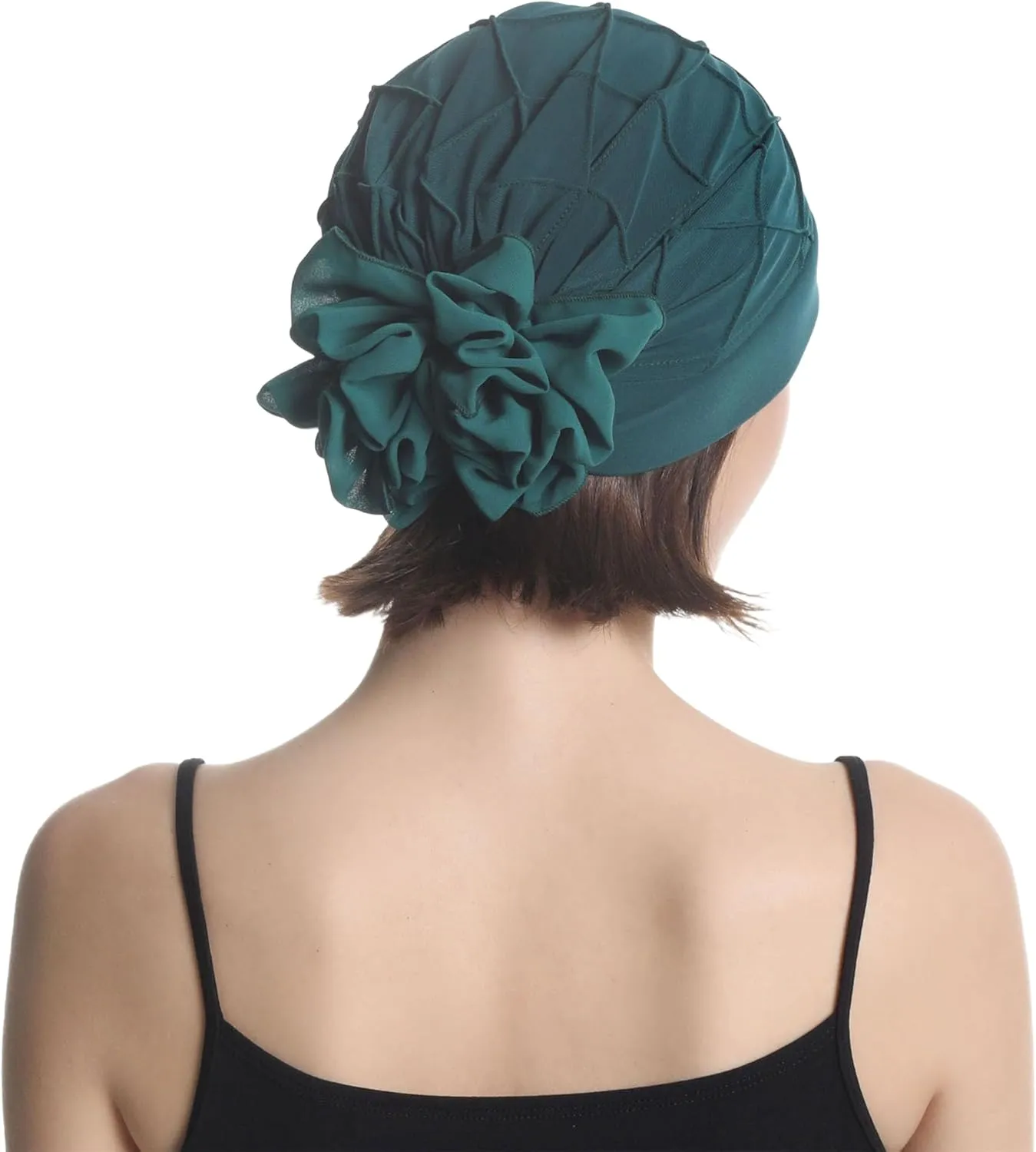 Women's Check-Pattern Practical Hat for Chemo, Hair Loss, Alopecia, with Pretty Chiffon Flower Detail