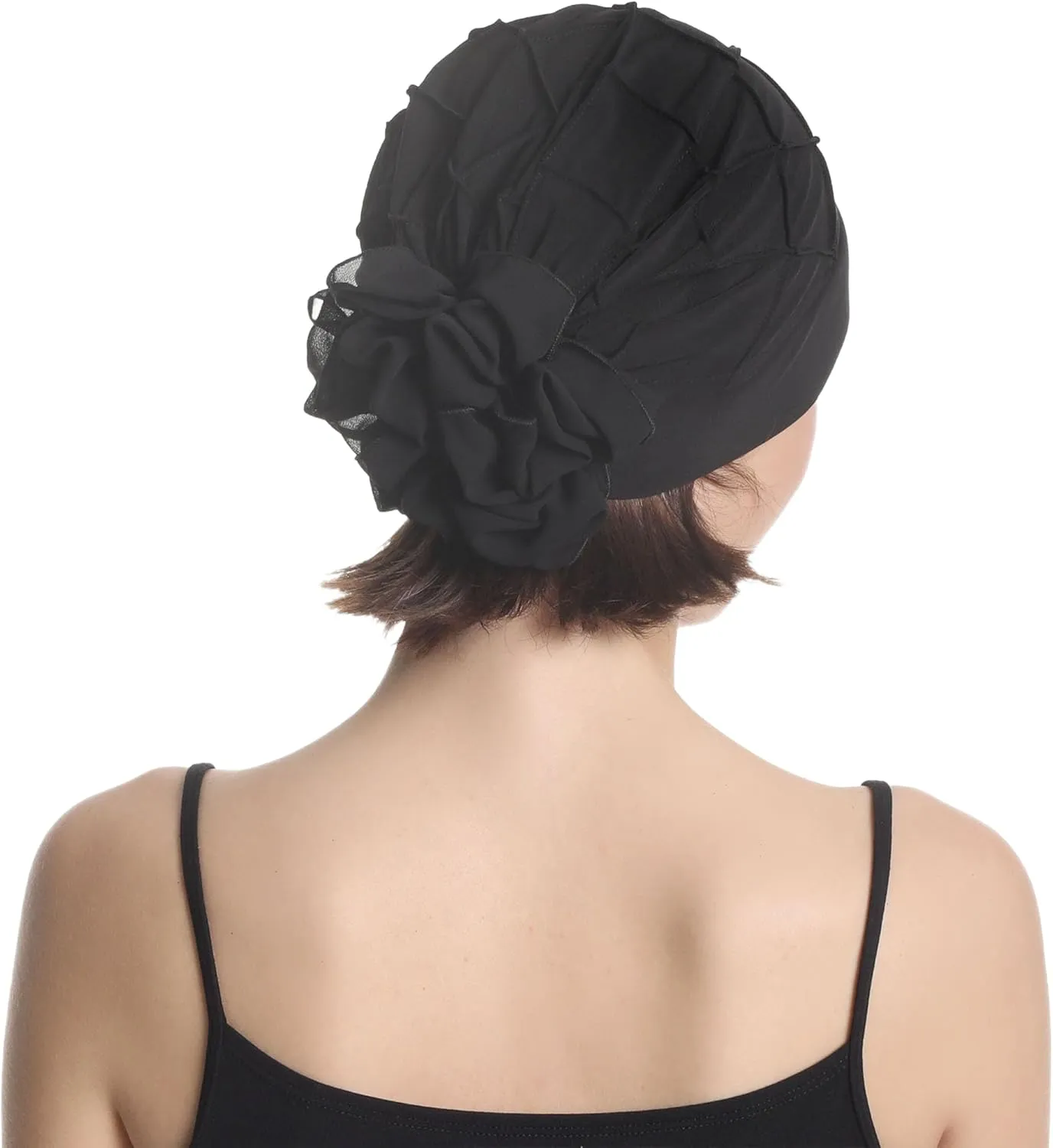 Women's Check-Pattern Practical Hat for Chemo, Hair Loss, Alopecia, with Pretty Chiffon Flower Detail