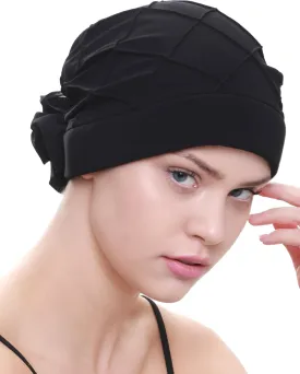 Women's Check-Pattern Practical Hat for Chemo, Hair Loss, Alopecia, with Pretty Chiffon Flower Detail