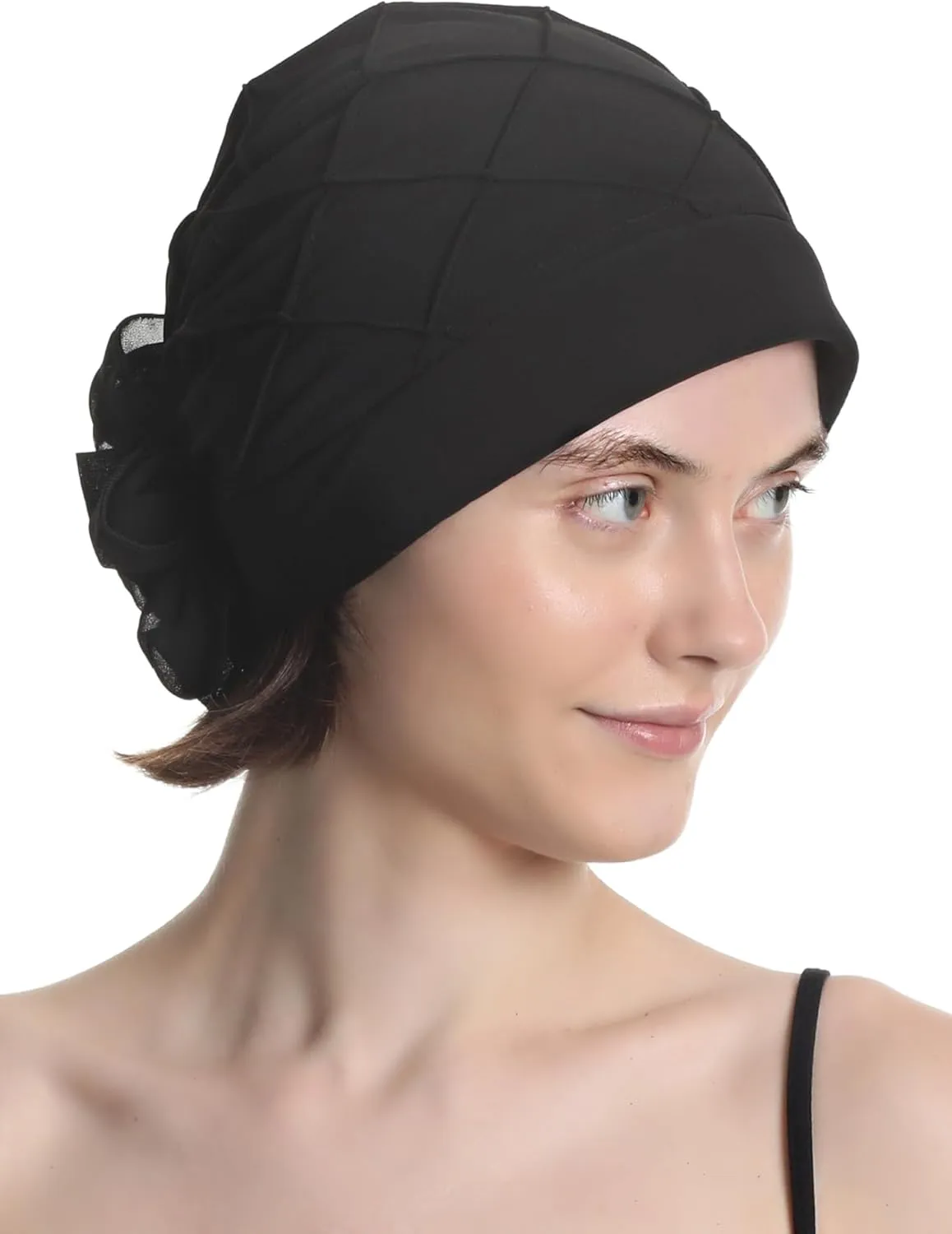 Women's Check-Pattern Practical Hat for Chemo, Hair Loss, Alopecia, with Pretty Chiffon Flower Detail